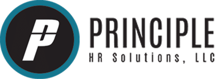 Logo for Principle HR Solutions, LLC, featuring a bold white "P" on a black circle with a blue border, next to the company name in black text.
