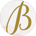 A gold, stylized letter "B" on a white circular background with faint pink accents.
